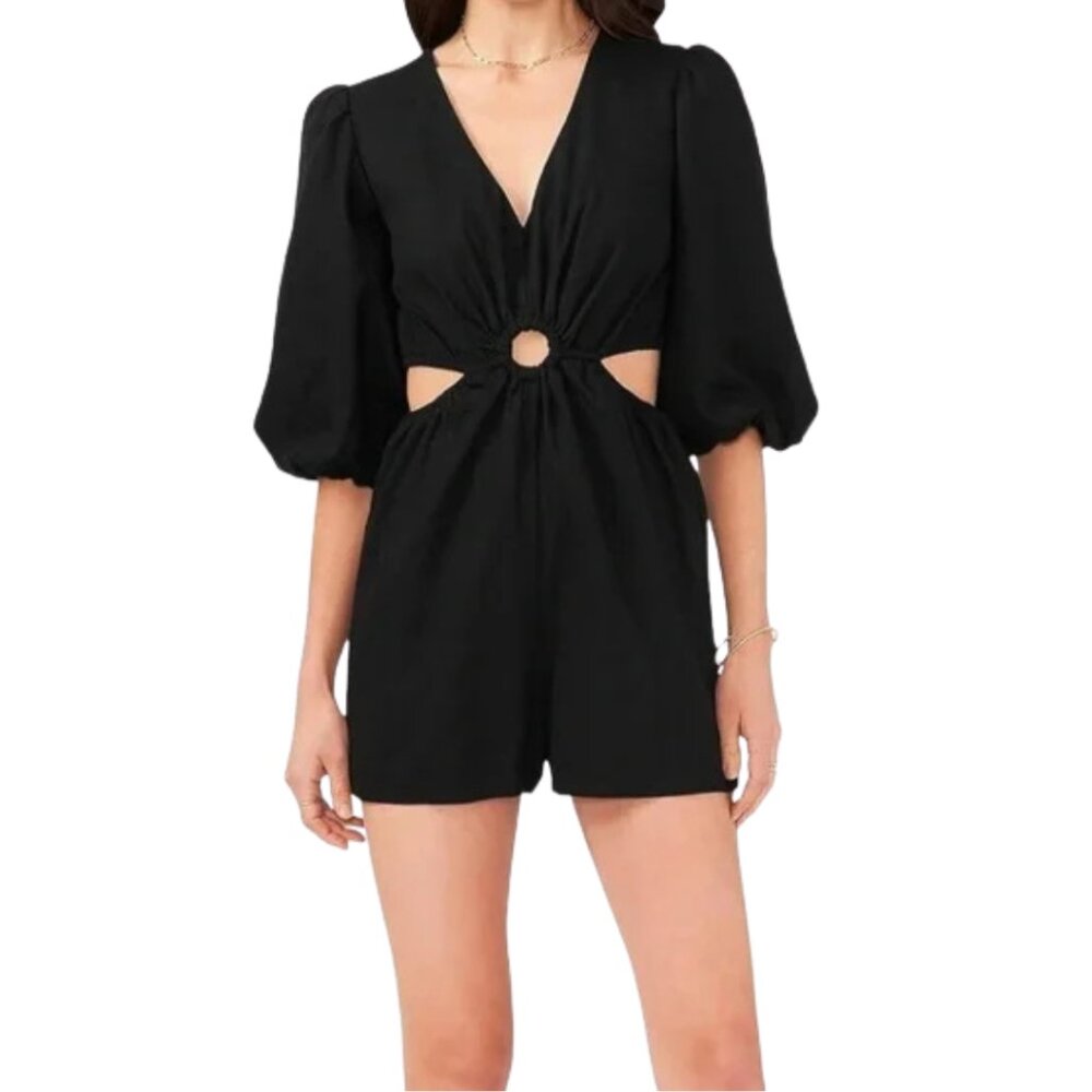 Linen Blend Romper Cut Out Details Black Casual Women's 1X